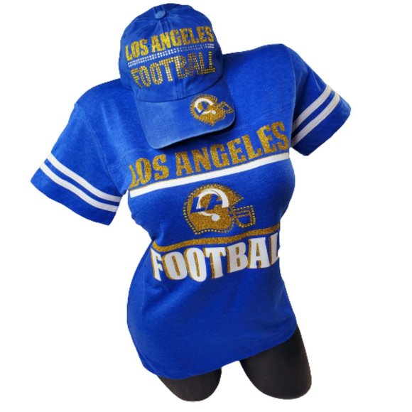 Los Angeles Football V Neck Tee with Crystals & Shiny Lettering. - Picture 3 of 10